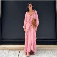 Vestido largo Irregular de gasa con volantes y escote en V profundo para mujer, Vestido holgado liso con mangas abullonadas elegantes, Vestido de calle alta para mujer 2025 - details 6