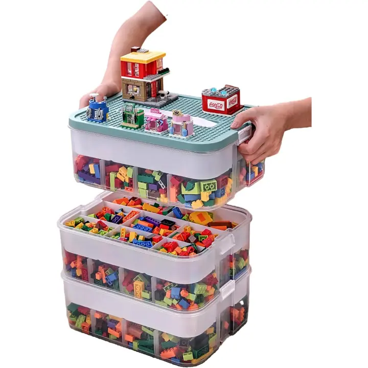 Caja de Almacenamiento para Niños con Tapa Bloques de Construcción, Caja de Juguetes, Ordenador de Habitación Infantil 3 Niveles, Bloques Apilables - 1
