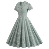 Elegante Vestido Midi Retro con Cuello en Lazo de Cintura Alta Estilo Rockabilly a Cuadros para Mujeres Otoño Vestido Elegante Cinturado - details 3