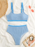 Conjunto de Bikini de cintura alta para mujer, traje de baño de color naranja liso, bañador de playa, Verano - details 21