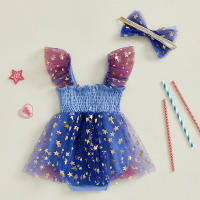 Pudcoco-Conjunto de 4 de julio para niña, pelele con estampado de estrellas y letras, vestido de malla con mangas voladoras y diadema con lazo, conjunto de 2 uds. - details 2