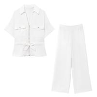 Conjunto Elegante para Mujer OUWU Pantalones de Pierna Ancha con Cintura Elástica y Cremallera + Camisa de Manga Corta con Espalda Descubierta - details 2