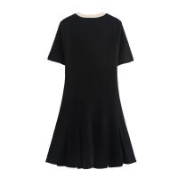 Elegante negro con manga corta, cuello redondo, bolsillos con botones, punto ancho para mujer, verano - details 2