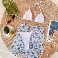 Bañador con estampado blanco para mujer, conjunto de Bikini de 3 piezas, microbikini triangular con cordón, traje de baño Halter de cintura baja, novedad de 2021 - details 4