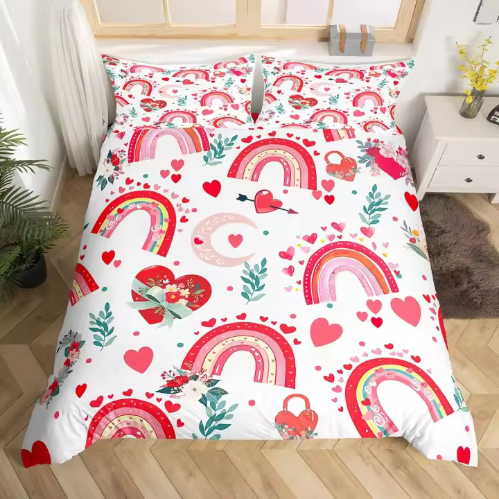 Juego de Cubierta de Edredón de Corazón de Amor de Arco Iris Tamaño Twin Material de Poliéster - 1