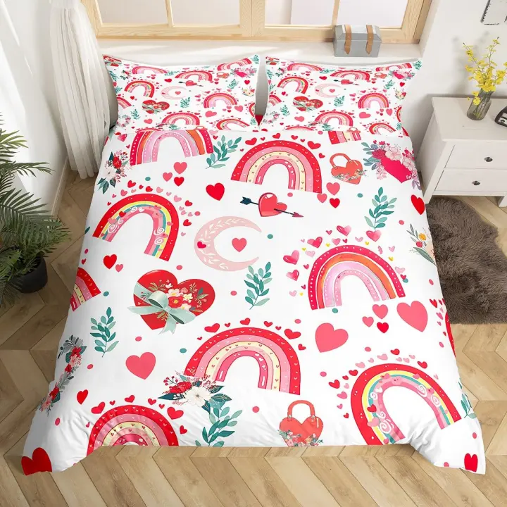 Juego de Cubierta de Edredón de Corazón de Amor de Arco Iris Tamaño Twin Material de Poliéster - 1