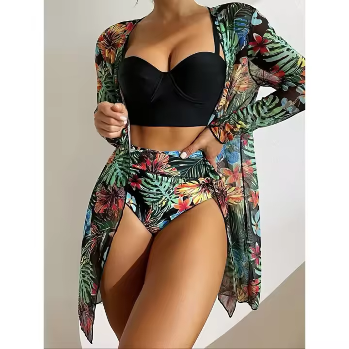 Conjunto de bikini para mujer, bata, traje de baño de tres piezas Tre, traje de playa de verano - 1