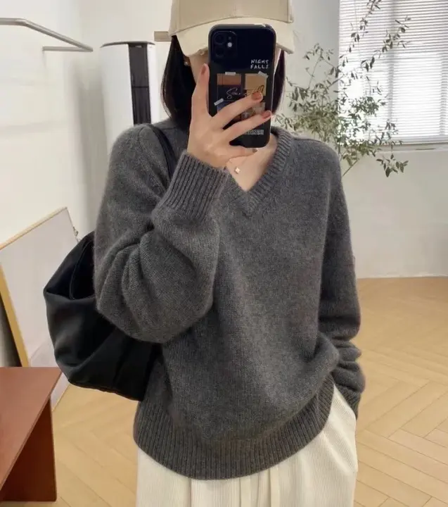Otoño e Invierno nuevo suéter de cachemira para mujer V-ne tejido de lana pura top casual loo moda coreana - 1