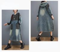 Vestido de mezclilla casual con capucha vintage suelto para mujeres Masss Wasss 2024 grande para primavera moda con estilo patchwork lavado a mano - details 7