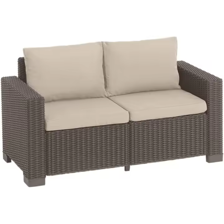 Sofá de Jardín Allibert de California 2 Plazas, Color Marrón y Arena, Incluye Almohadas de Asiento y Respaldar, Plástico, Imitación de Ratán Redondo, 141 x 68 x 72 cm - 1
