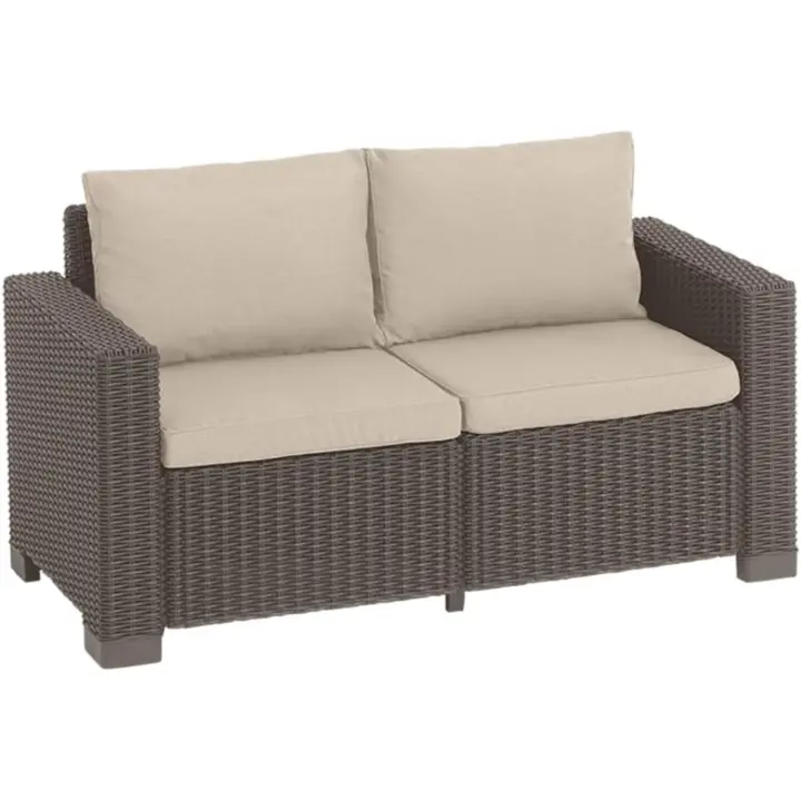 Sofá de Jardín Allibert de California 2 Plazas, Color Marrón y Arena, Incluye Almohadas de Asiento y Respaldar, Plástico, Imitación de Ratán Redondo, 141 x 68 x 72 cm - 1