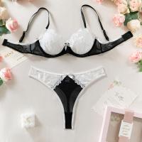 Lencería Sexy De Contraste Negro Y Blanco Conjunto De 2 Piezas Translúcido Con Bordado En Forma De Corazón Y Lazo Sujetador Y Brief Para Mujer - details 13