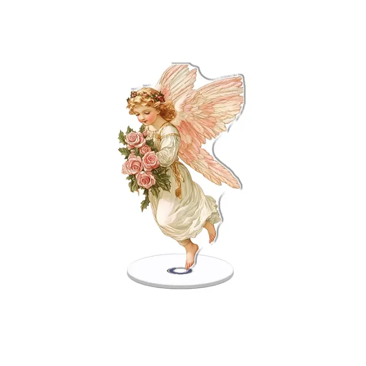 La pantalla acrílica giratoria presenta un ángel pastel con rosas rosadas sobre un fondo blanco, acentuado con delicados bordes blancos. - 1