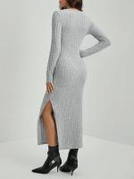 Mia Muse Otoño/Invierno ropa de mujer de tela a rayas, abertura básica elástica con cuello en U, falda larga informal Maxi - details 4