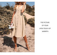 Vestido de verano de longitud media para mujer, vestido de color liso con cuello en V y manga corta - details 4