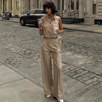 BUNO-trajes de pantalones largos de pierna ancha para oficina, chalecos elegantes de calle con pantalones de cintura alta, conjuntos de 2 piezas, trajes informales de color caqui para verano - details 4