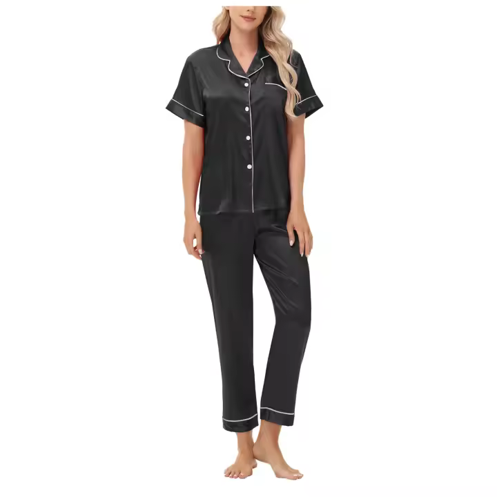 Cómodo pijama de mujer, conjunto de satén, manga corta, pantalón largo, ropa de estar por casa de tallas grandes, ultrafino transpirable, suave y ligero transparente - 1