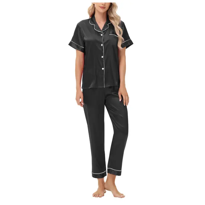 Cómodo pijama de mujer, conjunto de satén, manga corta, pantalón largo, ropa de estar por casa de tallas grandes, ultrafino transpirable, suave y ligero transparente - 1