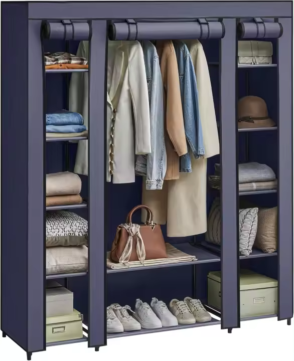Armario de Tela 12 con Barra y Estantes Armario Estable para Dormitorio, Vestidor 150 x 45 x 175 cm - 1