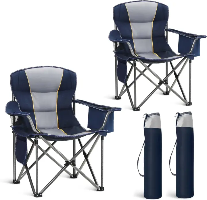 Silla de camping plegable portátil de gran tamaño, color azul, soporte de 450 libras, silla deportiva para césped con portavasos y bolsa térmica - 1