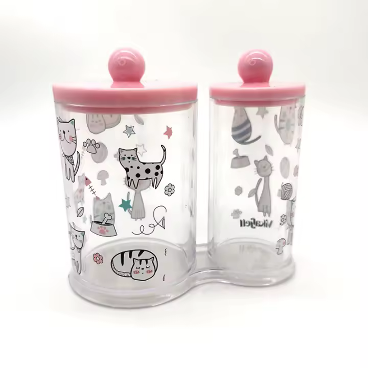 Cubo de almacenamiento de plástico, doble barril, hisopo de algodón, soporte para bolígrafo, caja de almacenamiento de maquillaje, estuche de impresión para cosméticos - 1