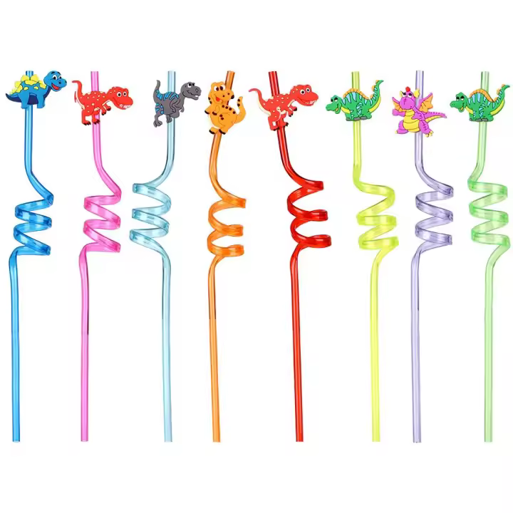 Pajitas reutilizables con diseño de dinosaurio para niños, suministros coloridos para fiestas, decoración para beber, de plástico, 8 piezas - 1