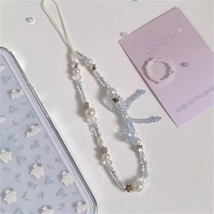 Colgante coreano con forma de estrella y perlas para teléfono, accesorios para iPhone, cordón Universal, joyería para niña, cuerda colgante - 1