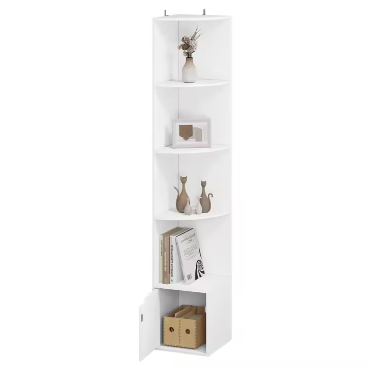Estantería de 5 niveles, estante esquinero de pie, estantería blanca de almacenamiento, 1 armario con puerta - 1