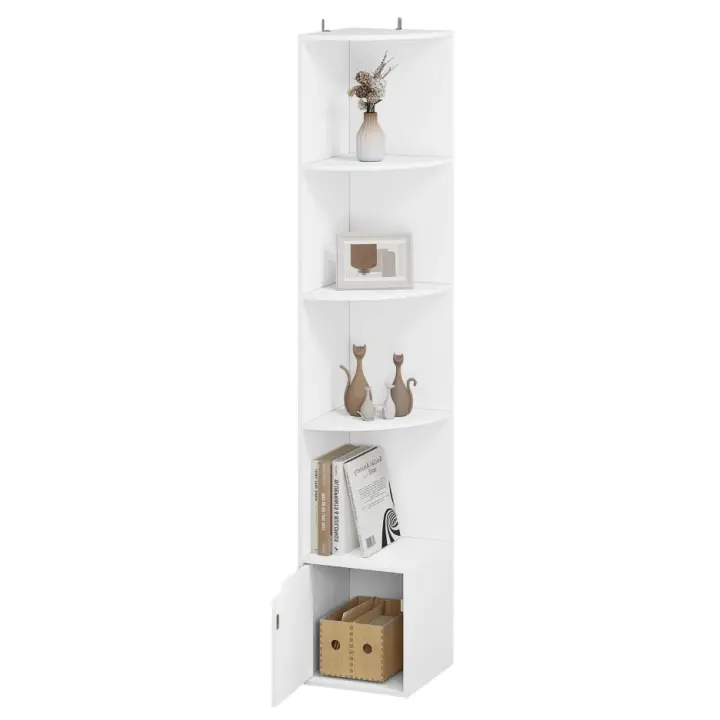 Estantería de 5 niveles, estante esquinero de pie, estantería blanca de almacenamiento, 1 armario con puerta - 1