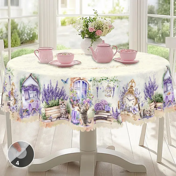 Mantel redondo de lino de lavanda con estampado de gato lindo 5 tamaños disponibles Decoración elegante para mesa de jardín y cocina para uso diario en casa y terraza Decoración de primavera y verano - 1