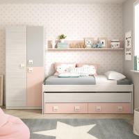 Cama Doble + 2 Cajones y Estante Modelo Nube Acabado en Blanco Alpes y Rosa Pastel - details 1