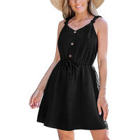 Tiktoktemu Nuevo vestido corto de cintura elástica con cuello en V para mujer - details 3
