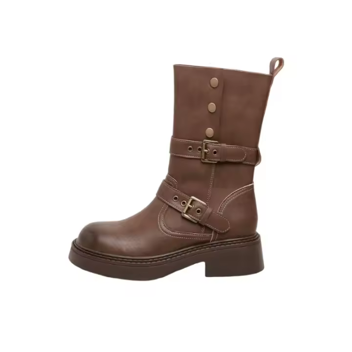 Doble y usa dos botas medianas de suela gruesa marrón elásticas y delgadas, botas de caballero para mujer y botas cortas. - 1
