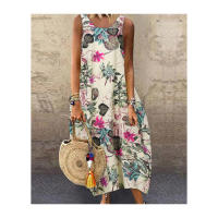 Vestido de Verano Floral Vestido Lanterna de Cuello Redondo de Lino y Algodón para Mujeres - details 3