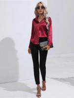 Camisa de manga larga para mujer, camisa elegante de color, satén, imitación de seda - details 4