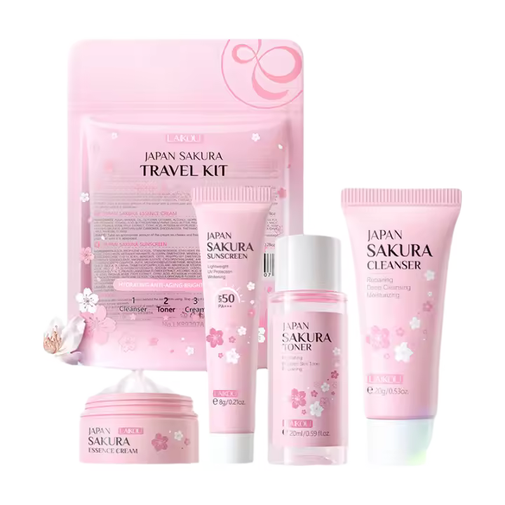 Conjunto de Cuidado de la Piel de Sakura LAIKOU Limpiador Facial, Crema Facial, Sérum, Toner, Hidratante para Iluminar y Reafirmar la Piel - 1