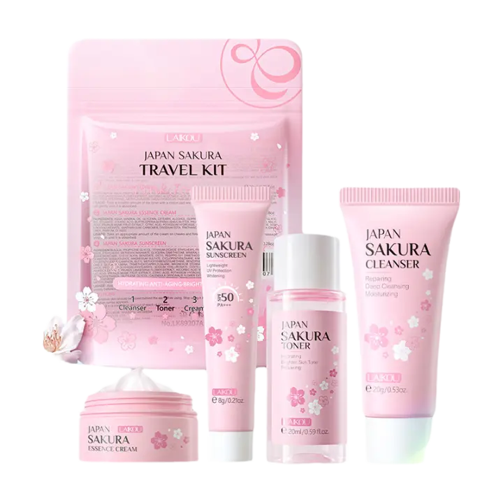 Conjunto de Cuidado de la Piel de Sakura LAIKOU Limpiador Facial, Crema Facial, Sérum, Toner, Hidratante para Iluminar y Reafirmar la Piel - 1