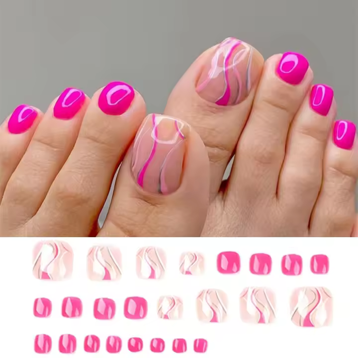 Juego De 24 Piezas Uñas Postizas De Acrílico Con Borde Blanco Y Flor Artísticas Para Pies Uñas Press on Removibles Para Fiestas - 1