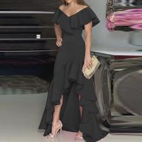 Flamin A Vestido de noche irregular y elegante con volantes y cuello en V - details 3