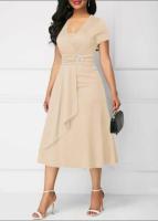 Vestidos de verano elegantes, color sólido, mangas cortas, cuello en V, dobladillo asimétrico, cintura delgada, vestido de fiesta hasta la rodilla, para mujer - details 16
