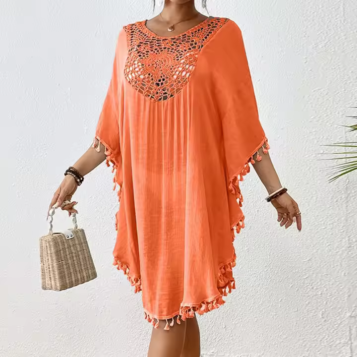 Top de playa para mujer Sarong con traje de baño y bikini con borlas de retales de ganchillo, ropa de abrigo transparente para mujer - 1