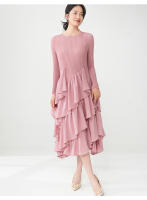 Vestido de primavera Miyake para mujer, aspecto sofisticado, cintura delgada, con bordes con volantes y mangas largas con elegancia. - details 13