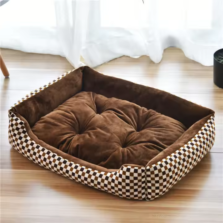 Cama a cuadros café para mascotas, casa versátil para perros pequeños y grandes, perrera acogedora, estera cálida para cachorros - 1