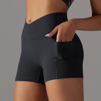 Hamidou-pantalones cortos de gimnasio cruzados para mujer, pantalones cortos de Yoga con bolsillos, mallas de entrenamiento para mujer, pantalones cortos de cintura alta, realce de glúteos - details 6