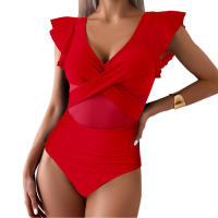 New Clashing One-piece Swimming Costume Small Fly Sleeve Bikini Women Quick Dry Sports Deep V Cross Hollow One-piece Swimsuit - details 27