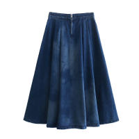 - Falda media casual de mezclilla plisada azul de cintura alta para mujer, holgada, a la moda, tendencia primavera otoño 2025 nueva - details 1