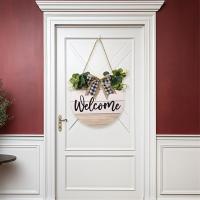 Letrero de bienvenida para puerta delantera, guirnalda de arco de hoja verde brillante, decoración de pared de madera redonda rústica para granja, porche, puerta - details 4