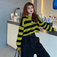Suéter de estilo coreano con cuello redondo a rayas para mujer, Jersey de punto de colores contrastantes, Tops de punto sueltos de manga larga - details 1