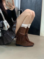 Maillard Botas vaqueras occidentales Botas cortas con flecos retro Botas medianas de tacón puntiagudo Botas ajustadas de otoño e invierno para mujer - details 4