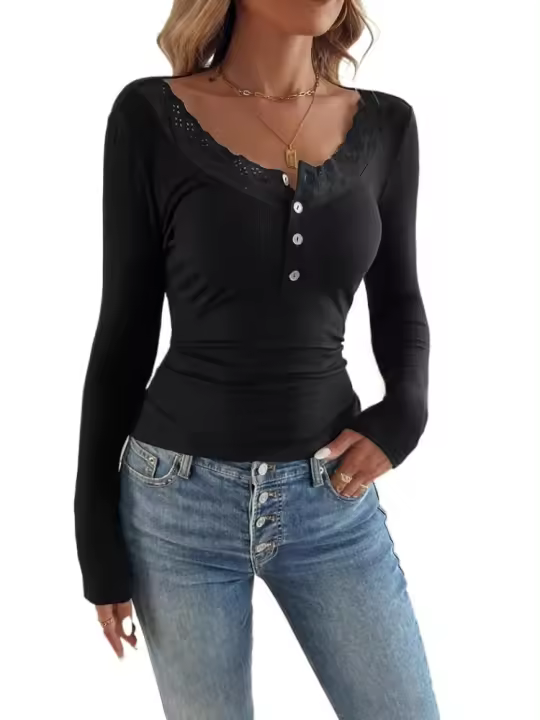 Camiseta de cuello en U para mujer 2025, moda otoño invierno, top de manga larga, ropa popular coreana para mujer - 1